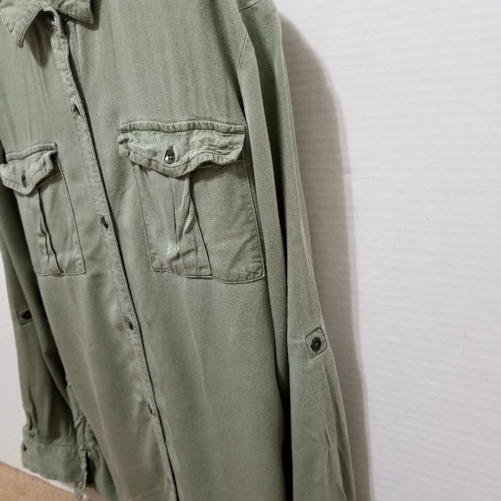 Old Navy top Large 10/12 utility button up twill side split pockets Money Maker - Picture 4 of 15